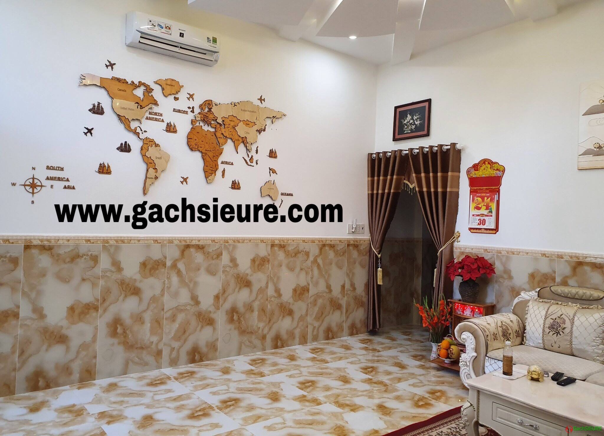 Phối cảnh Gạch nhũ vàng ánh kim 60x120 trung quốc