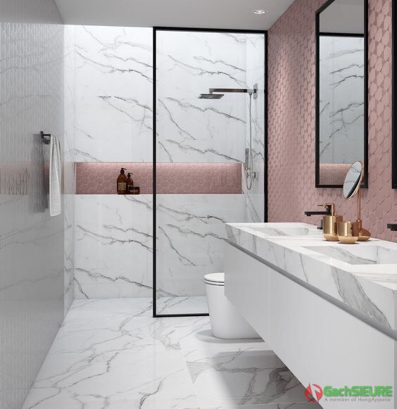 Phối cảnh gạch ốp lát 60x120 bóng kiếng vân mây ấn độ