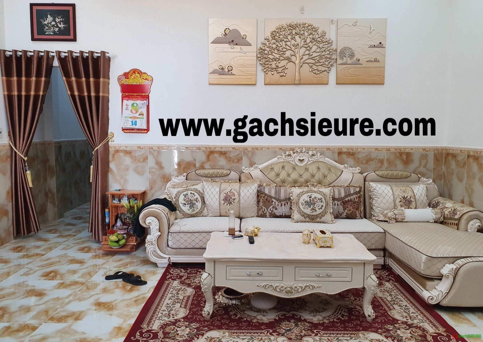 Phối cảnh gạch ốp lát 60x120 nhũ vàng ánh kim trung quốc