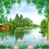 Bức tranh gạch 3d hoa sen cây trúc hồ nước đẹp 112