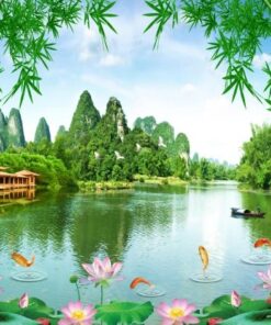 Bức tranh gạch 3d hoa sen cây trúc hồ nước đẹp 112