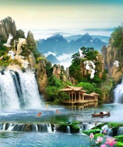 Gạch tranh phong cảnh núi non thác nước chảy cảnh đẹp 113