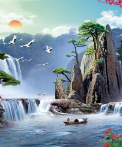 Gạch tranh thác nước trên núi đổ xuống gạch tranh 3d dán tường đẹp 114
