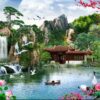 Mẫu gạch tranh cảnh núi thác hồ nước hoa sen phong cảnh đẹp 110