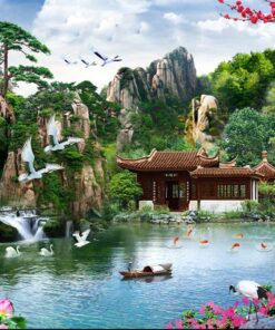 Mẫu gạch tranh cảnh núi thác hồ nước hoa sen phong cảnh đẹp 110