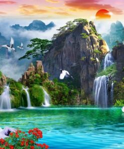 Tranh gạch phong cảnh núi sương mờ hồ cò thác nước con cò phong cảnh đẹp 108