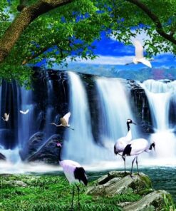 Gạch tranh 3d phong cảnh thác nước con cò gạch dán tường trang trí 107