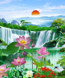 Gạch tranh bông hoa sen hồ thác nước phong cảnh đẹp 109