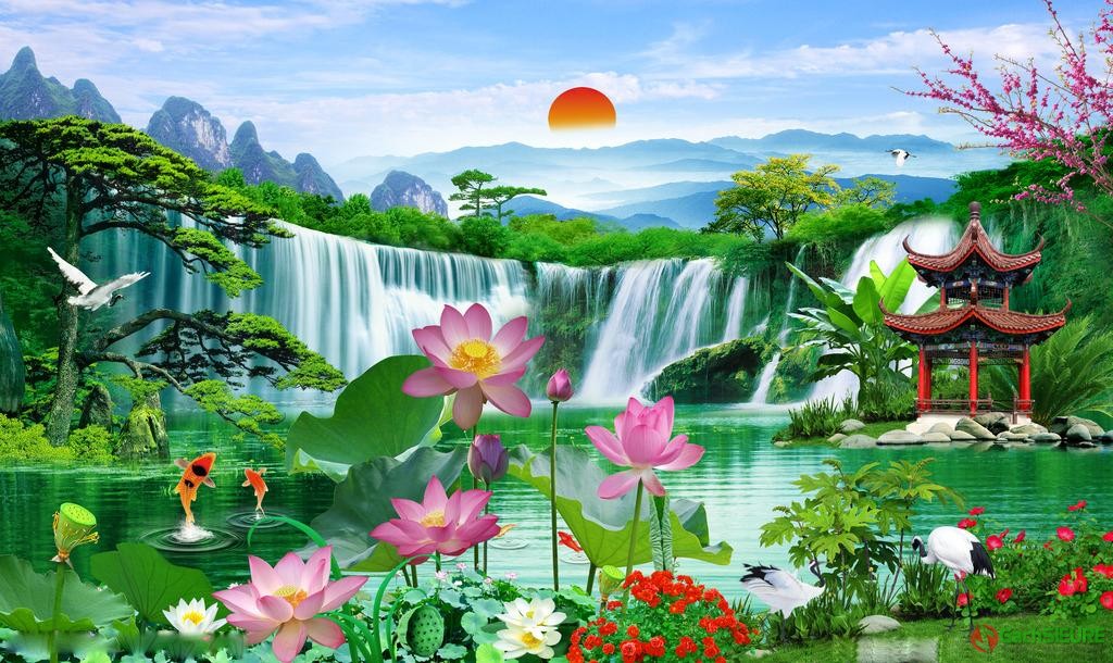 Gạch tranh bông hoa sen hồ thác nước phong cảnh đẹp 109 - Gạch Siêu Rẻ
