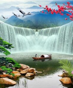 Gạch tranh cảnh đẹp người chèo đò dưới hồ nước thác nước chảy 132