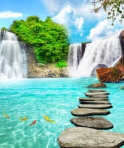 Gạch tranh phong cảnh con cò mò cá dưới hồ nước 131