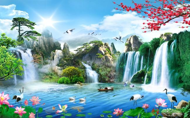 Gạch tranh phong cảnh hồ nước hoa sen đẹp 130 - Gạch Siêu Rẻ