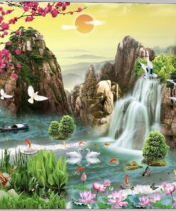 Gạch tranh phong cảnh hươu sao giữa rừng núi cảnh đẹp thiên nhiên 133