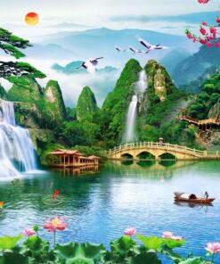 Gạch tranh phong cảnh núi thác nước chảy sống động 125