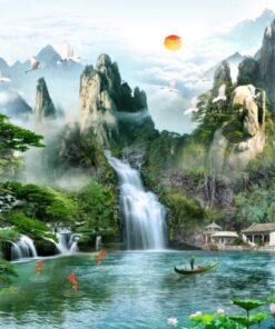 Gạch tranh phong cảnh sương mờ trên núi thác nước chảy đẹp 127