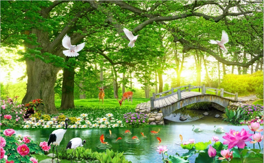 Bức tranh phong cảnh con hươu sao con cò con cá thiên nhiên gạch tranh dán tường 169