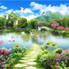 Gạch tranh cảnh thiên nga bơi dưới hồ nước cảnh vật thiên nhiên đẹp 176