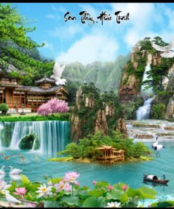 Mẫu gạch tranh dán tường phong cảnh sơn thủy hữu tình đẹp sống động 139