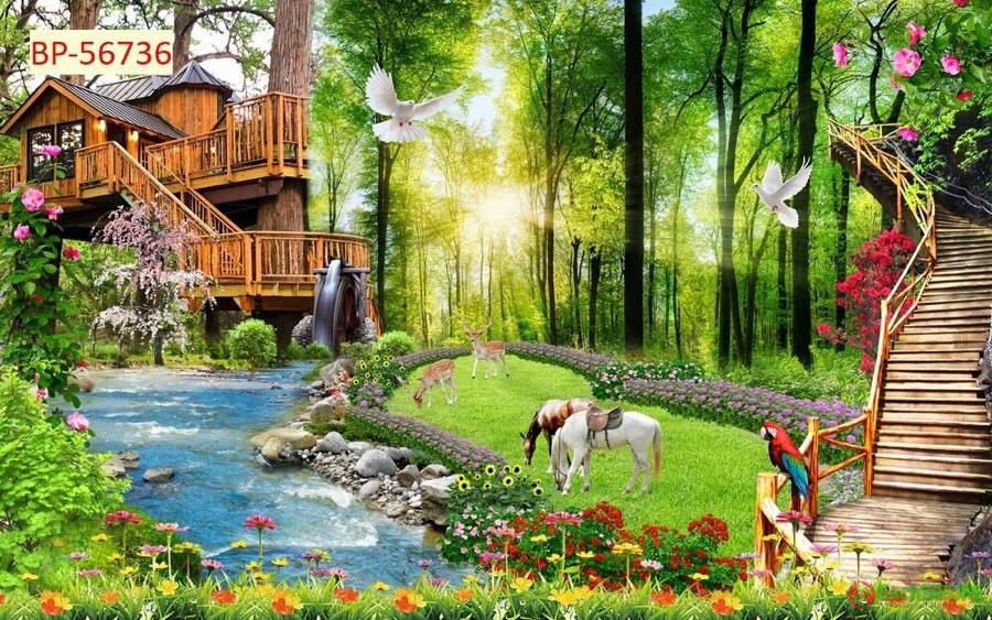 Mẫu tranh gạch dán tường cảnh những chú ngựa hươu sao cảnh đẹp thiên nhiên 193