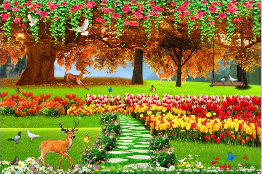 Gạch tranh dán tường 3d phong cảnh hươu sao giữa vườn hoa 170 - Gạch Siêu Rẻ
