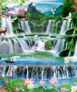 Gạch tranh phong cảnh thác nước con công hoa sen tranh cảnh vật tự nhiên 154