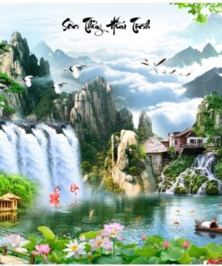 Gạch tranh trang trí sơn thủy hữu tình nhũ kim tuyến bền đẹp 157