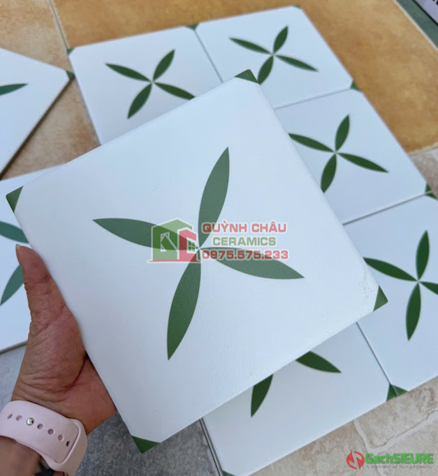 Gạch bông 20x20 màu trắng họa tiết xanh lá