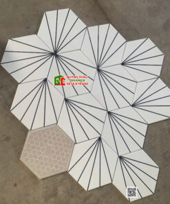 Gạch lục giác 20×23 màu trắng 5 tia đen xòe quạt