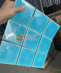 Gạch mosaic 10×10 màu xanh ngọc gốm men rạn bề mặt bóng