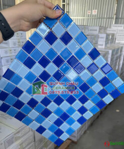 Gạch mosaic thủy tinh màu xanh mix phối hỗn hợp