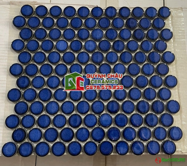 Gạch mosaic trang trí chấm bi tròn màu xanh dương men mờ