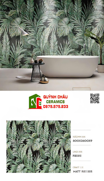 Mẫu gạch 80x260 giả mosaic trang trí khổ lớn hoạ tiết cây lá nhiệt đới màu xanh trang nhã bề mặt nổi 5D 