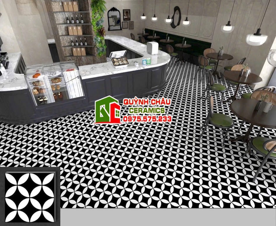 Mẫu gạch bông đồng tiền đen trắng cổ điển lát quán cafe
