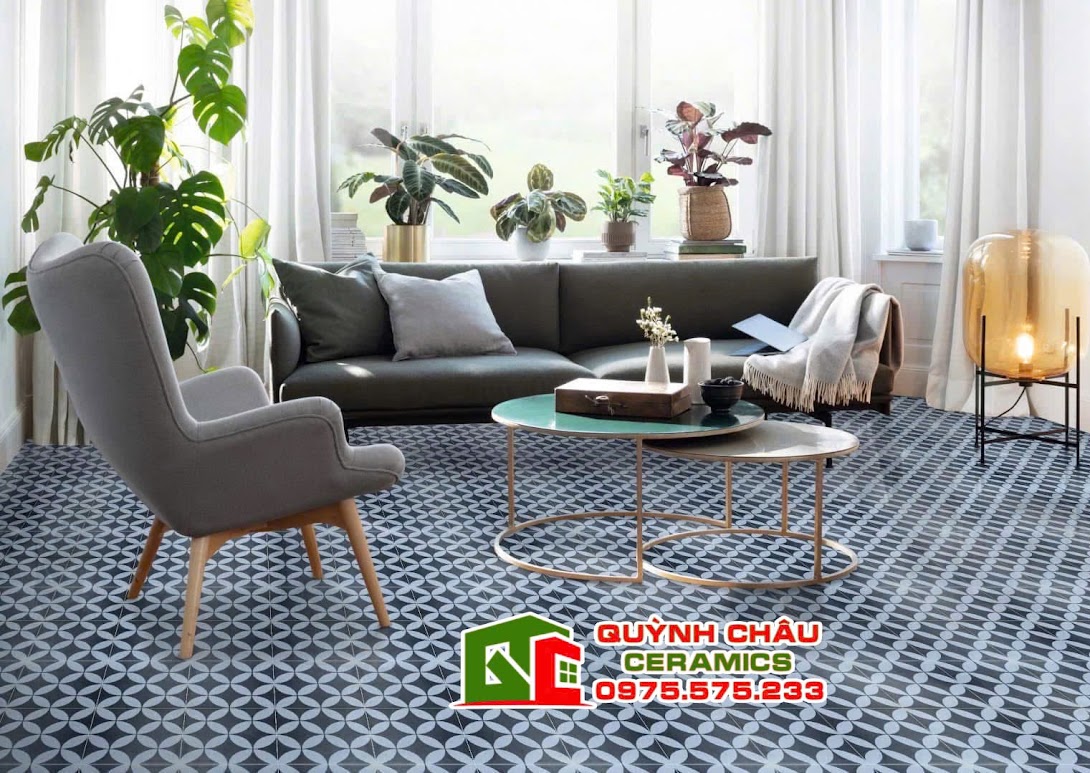 Mẫu gạch bông đồng tiền đen trắng lát phòng khách