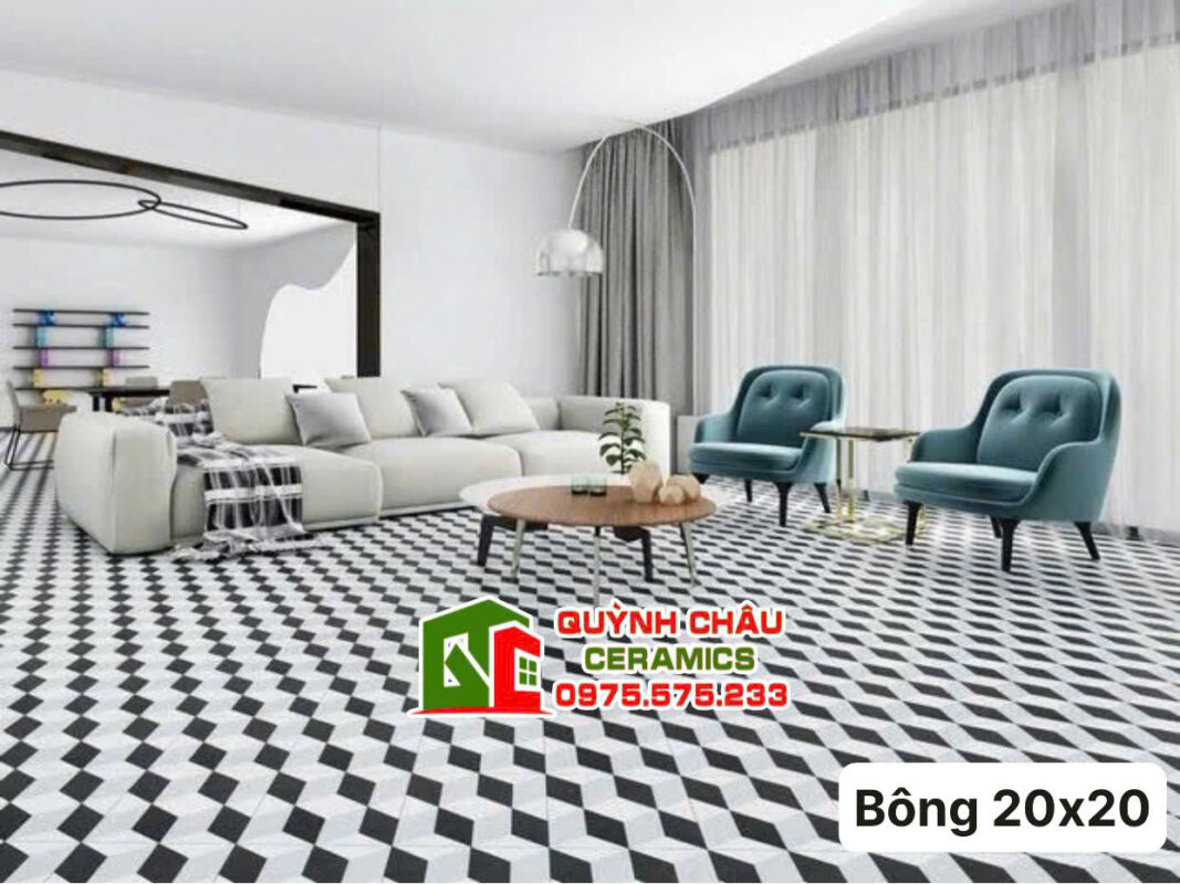 Mẫu gạch bông hình khối trắng đen lát phòng khách