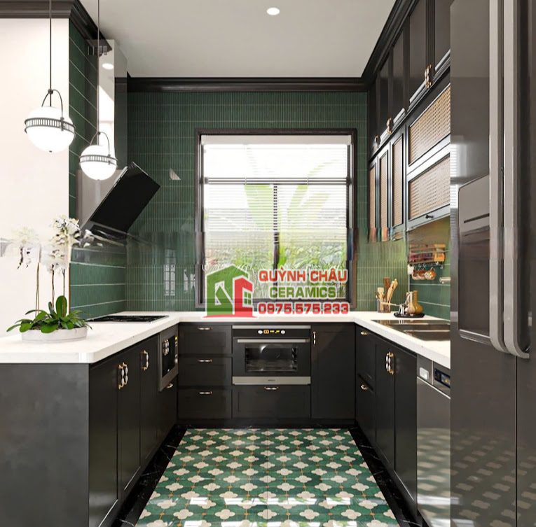 Mẫu gạch bông hoạ tiết bông mai xanh trắng lát phòng bếp