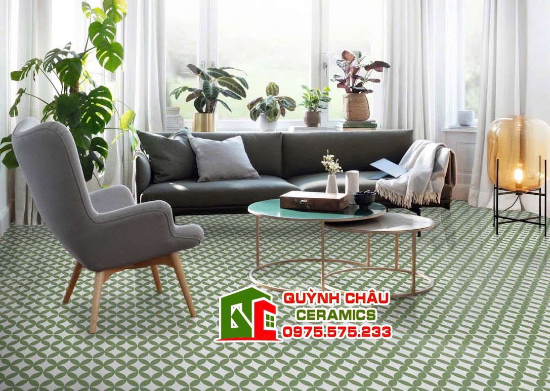 Mẫu gạch bông lát phòng khách hoa văn đồng tiền xanh trắng