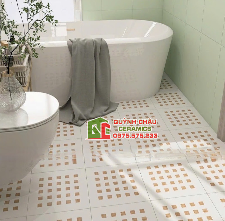 Mẫu gạch bông lát phòng tắm màu kem nhấn ô vuông vân gỗ