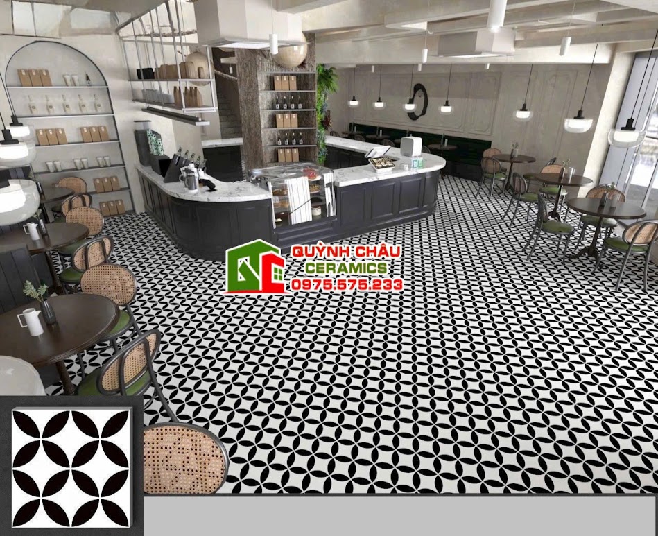 Mẫu gạch bông lát quán cafe hoa văn đồng tiền trắng đen