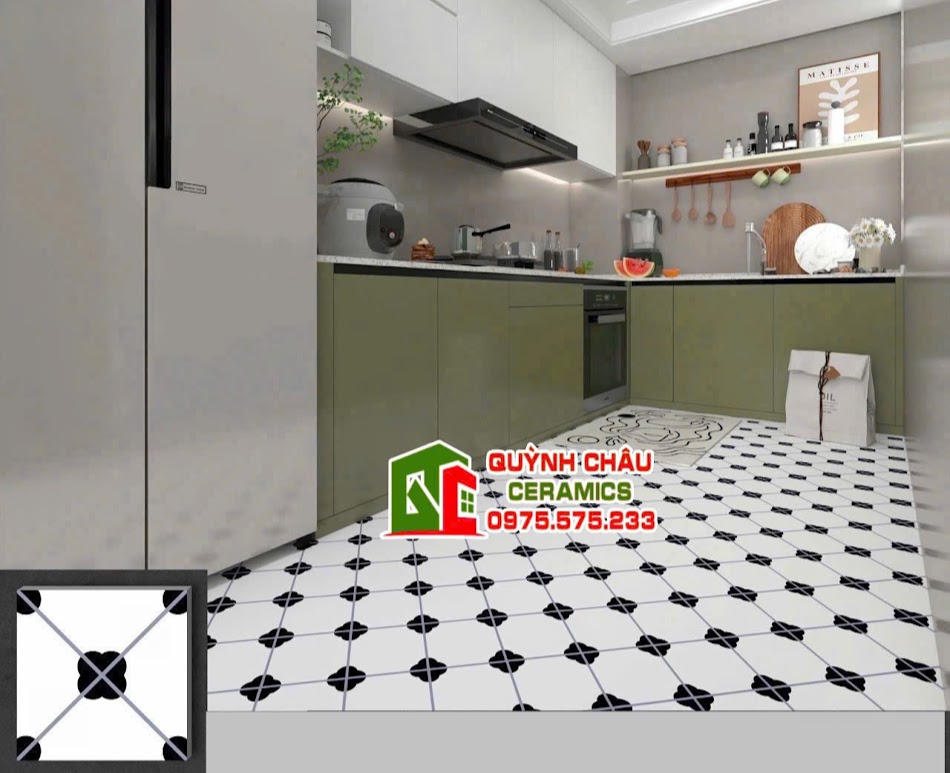 Mẫu gạch bông xương men màu trắng đen ốp phòng bếp