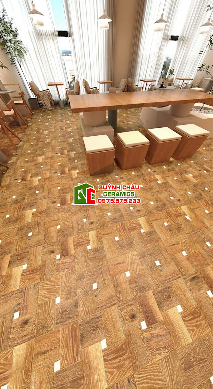 Mẫu gạch giả gỗ ghép nhân ô vuông trắng vân đá