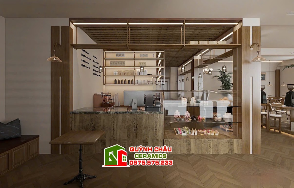 Mẫu gạch giả gỗ xương cá lát khu vực bán hàng 60x120cm