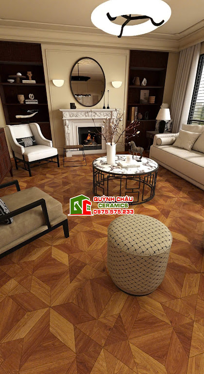 Mẫu gạch giả gỗ lát phòng khách vân đối xứng