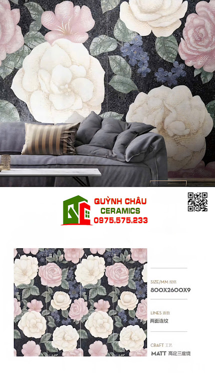 Mẫu gạch khổ lớn 80x260 trang trí giả mosaic bề mặt nổi 5D hoạ tiết hoa hồng trắng và hoa hồng phấn
