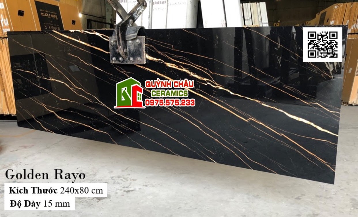 Mẫu gạch khổ lớn đá nhân tạo 80x240 đen vân vàng tia chớp siêu bóng