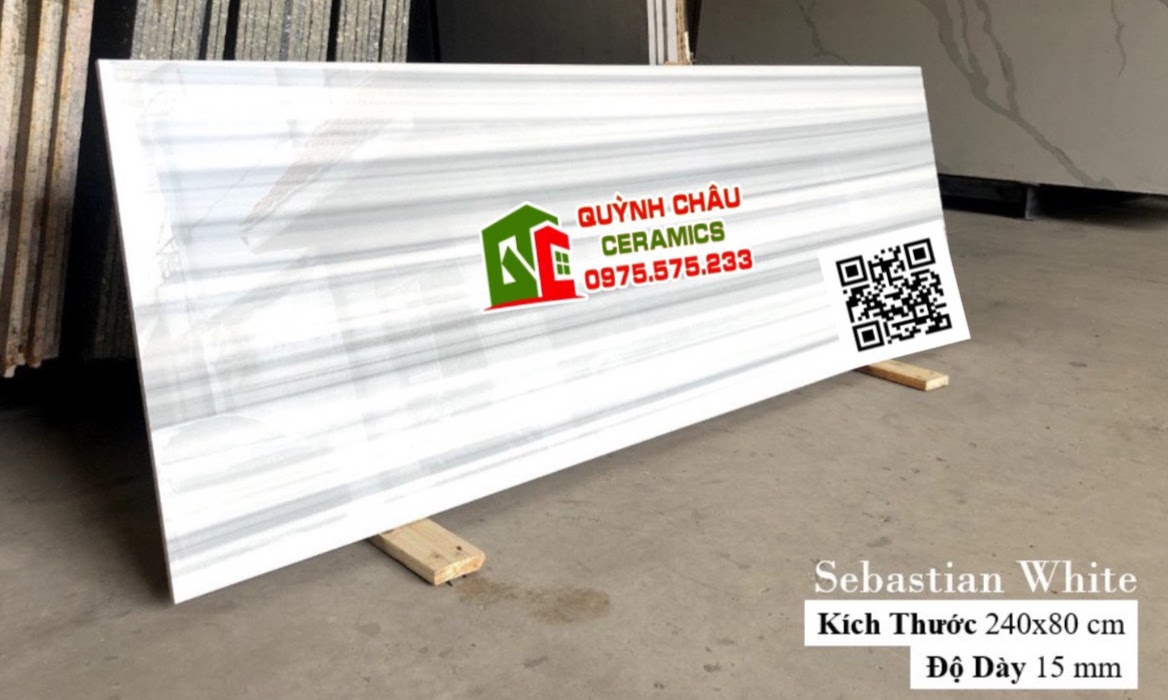 Mẫu gạch khổ lớn đá nhân tạo 80x240 màu trắng vân đá sọc xám đen siêu bóng