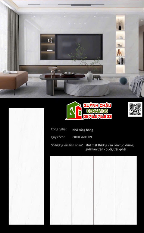Mẫu gạch khổ lớn đá nung kết 80x260 trắng bóng vân nhẹ