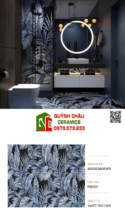 Mẫu gạch khổ lớn trang trí giả mosaic bề mặt nổi 5D hoạ tiết rừng cây nhiệt đới màu xanh dương 80x260cm