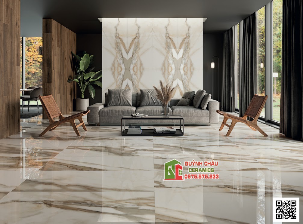 Mẫu gạch lát biệt thự phòng khách trắng đục vân đá xám vàng bóng kiếng
