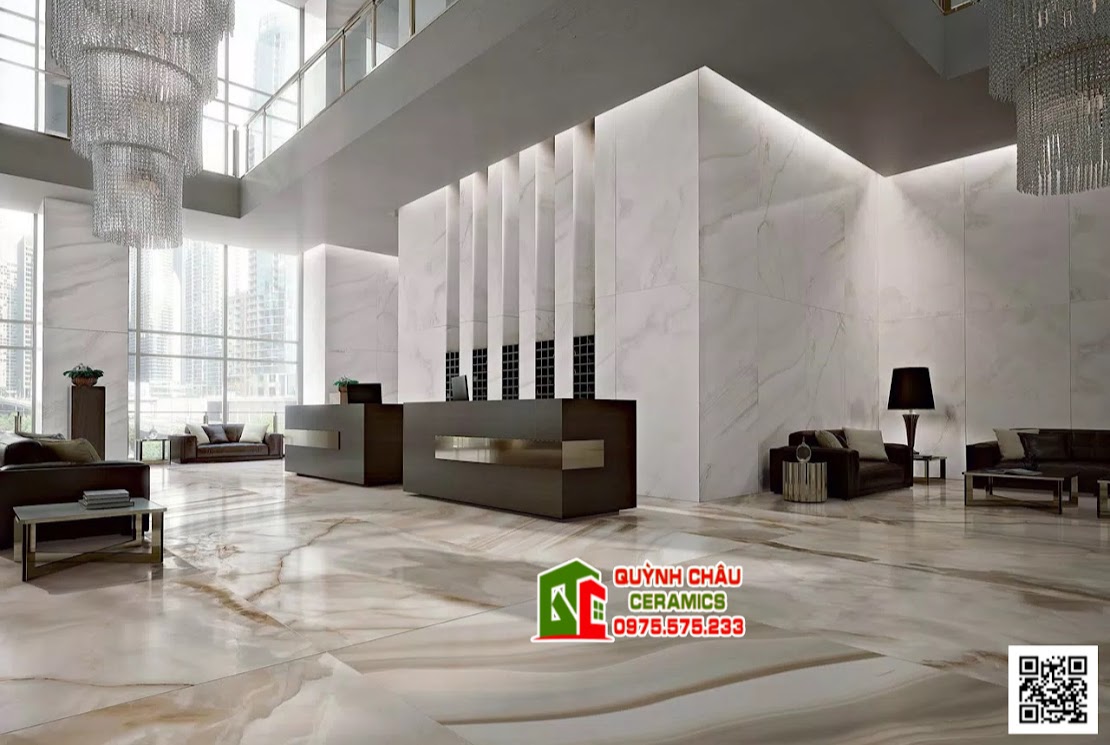 Mẫu gạch lát biệt thự phòng khách vân đá bóng cao cấp